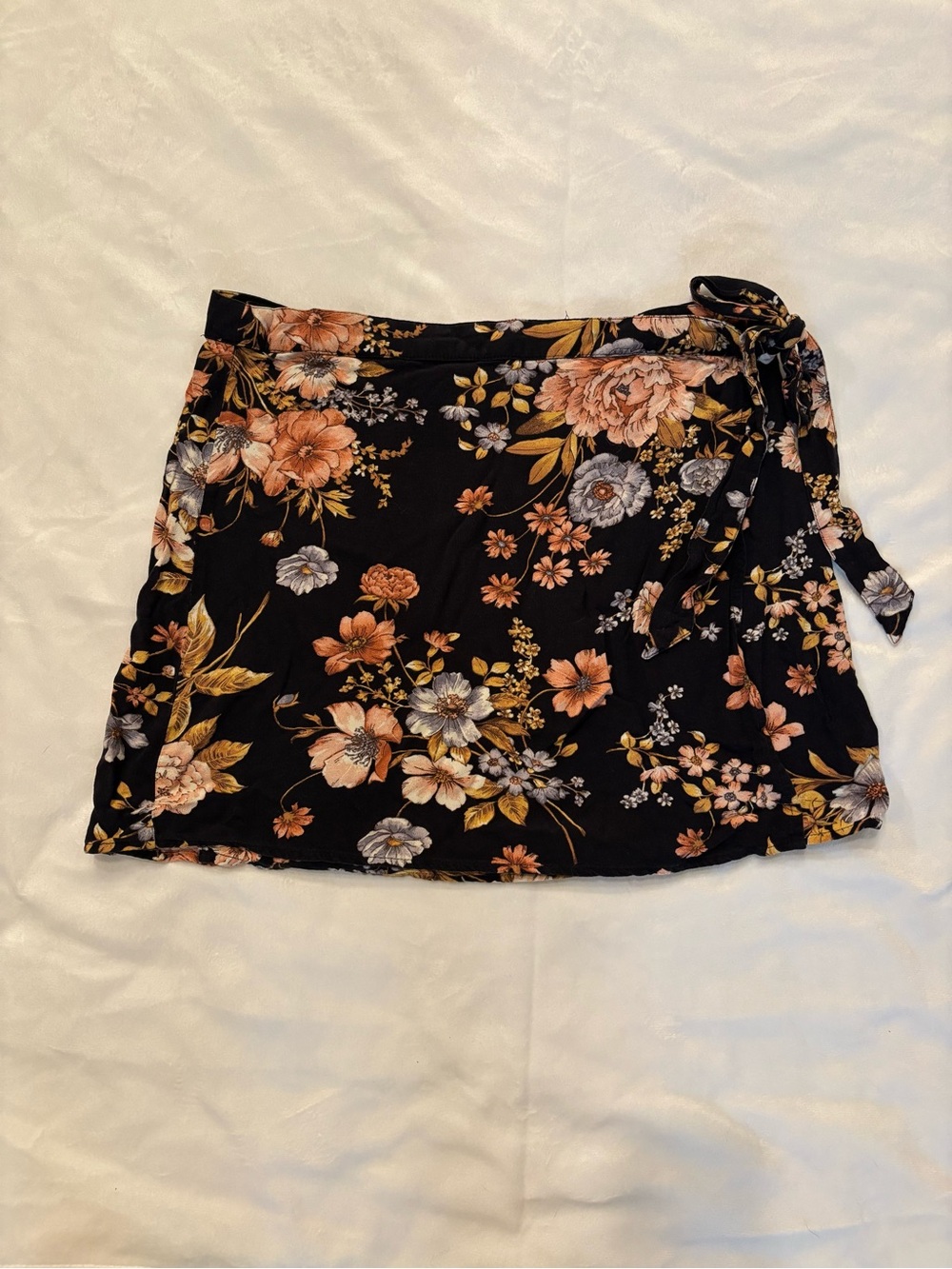 American Eagle Floral Wrap Skirt - Black with Peach, Light Blue & Cream Flowers